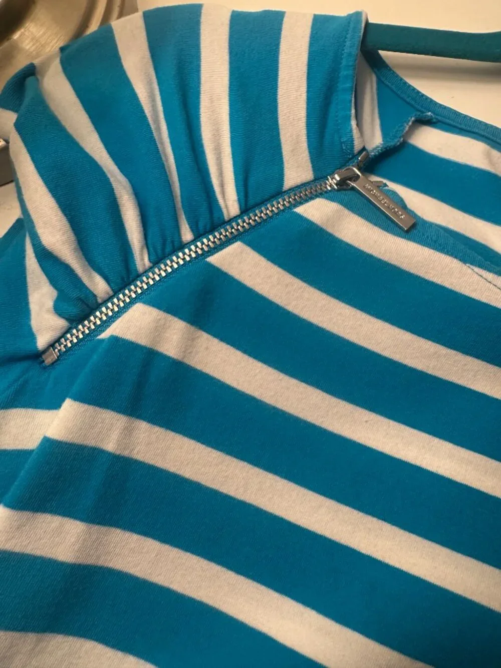 MICHAEL KORS Teal /White Striped Top- Silver Shoulder Zippers -Ruched Side